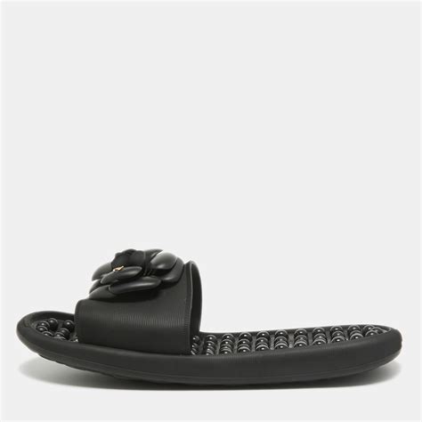 chanel black patent slides|CHANEL Patent Camellia CC Slides 36 Black.